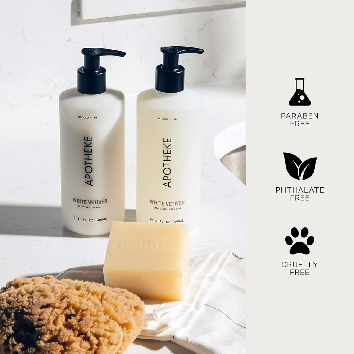 APOTHEKE bottle staged in bathroom setting conveying everyday luxury and routine
