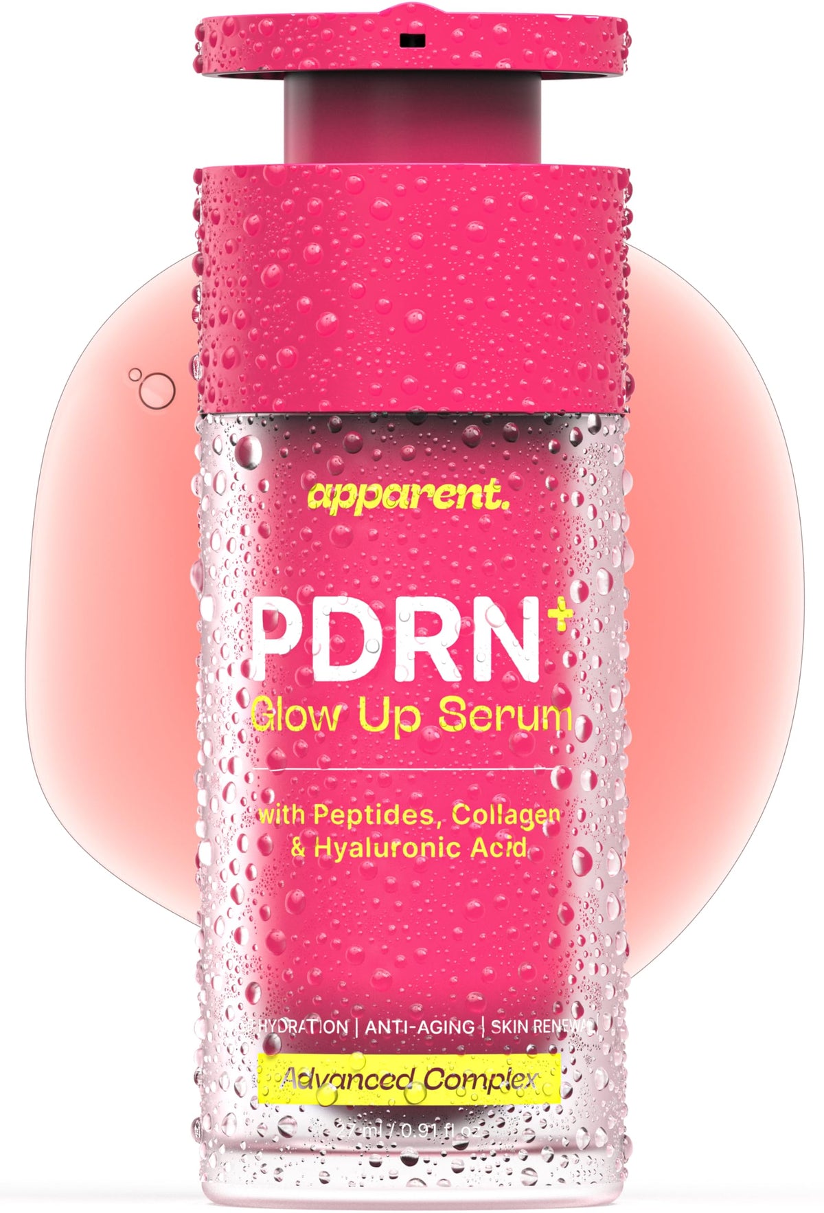 Apparent front packaging showing pink serum and benefits