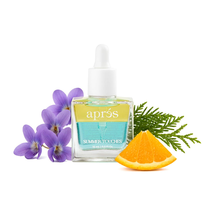 APRÉS front bottle showing label and Summer Touches scent, highlighting easy dosing