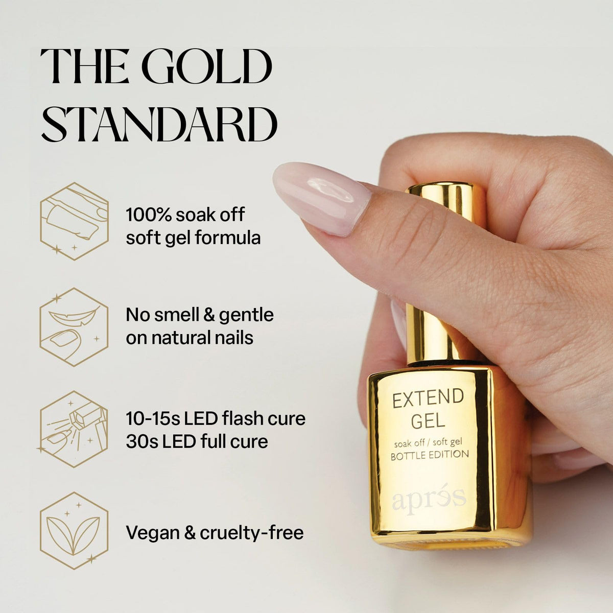 APRÉS Extend Gel gold bottle closeup highlighting brand and dependable bond