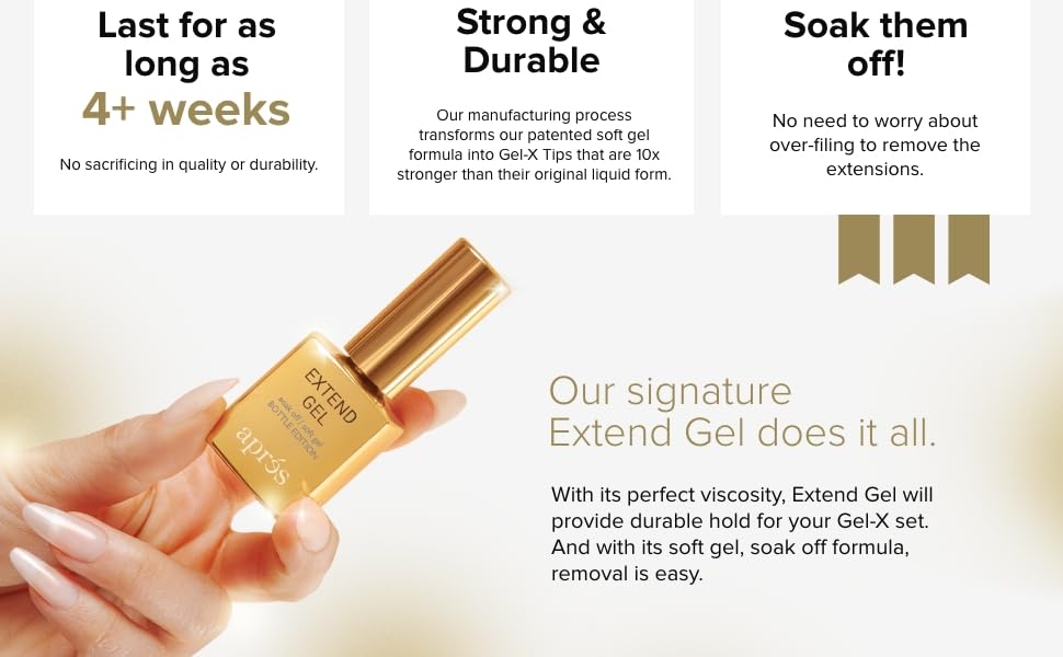 APRÉS bottle beside Gel-X tips demonstrating secure adhesion benefit