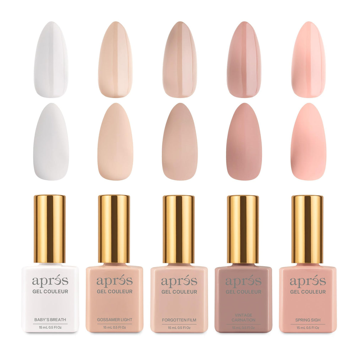 APRÉS front packaging five pastel nude gel bottles shows set and appeal