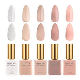 APRÉS front packaging five pastel nude gel bottles shows set and appeal