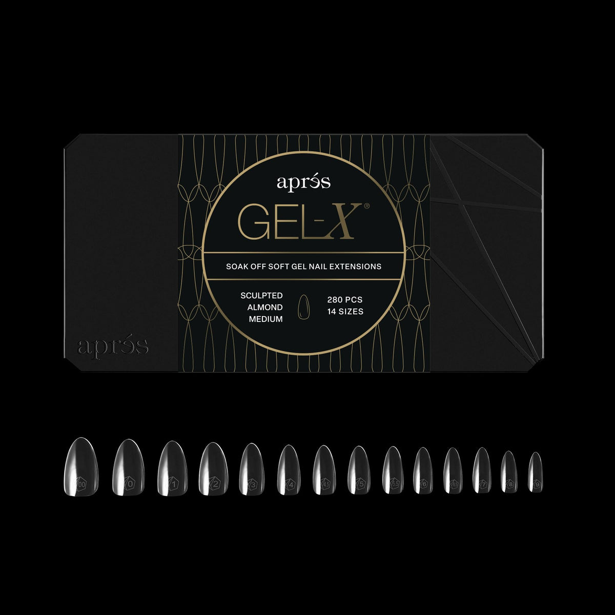 APRÉS front packaging showing 280 Gel-X tips and included sizes, clear organization benefit