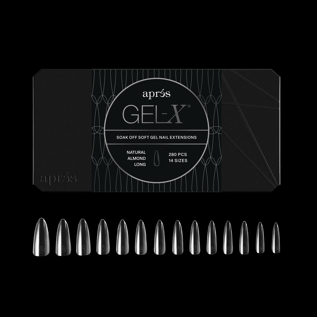 APRÉS front box of Gel-X Almond tips showing quantity and shape benefit