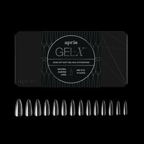 APRÉS front box of Gel-X Almond tips showing quantity and shape benefit