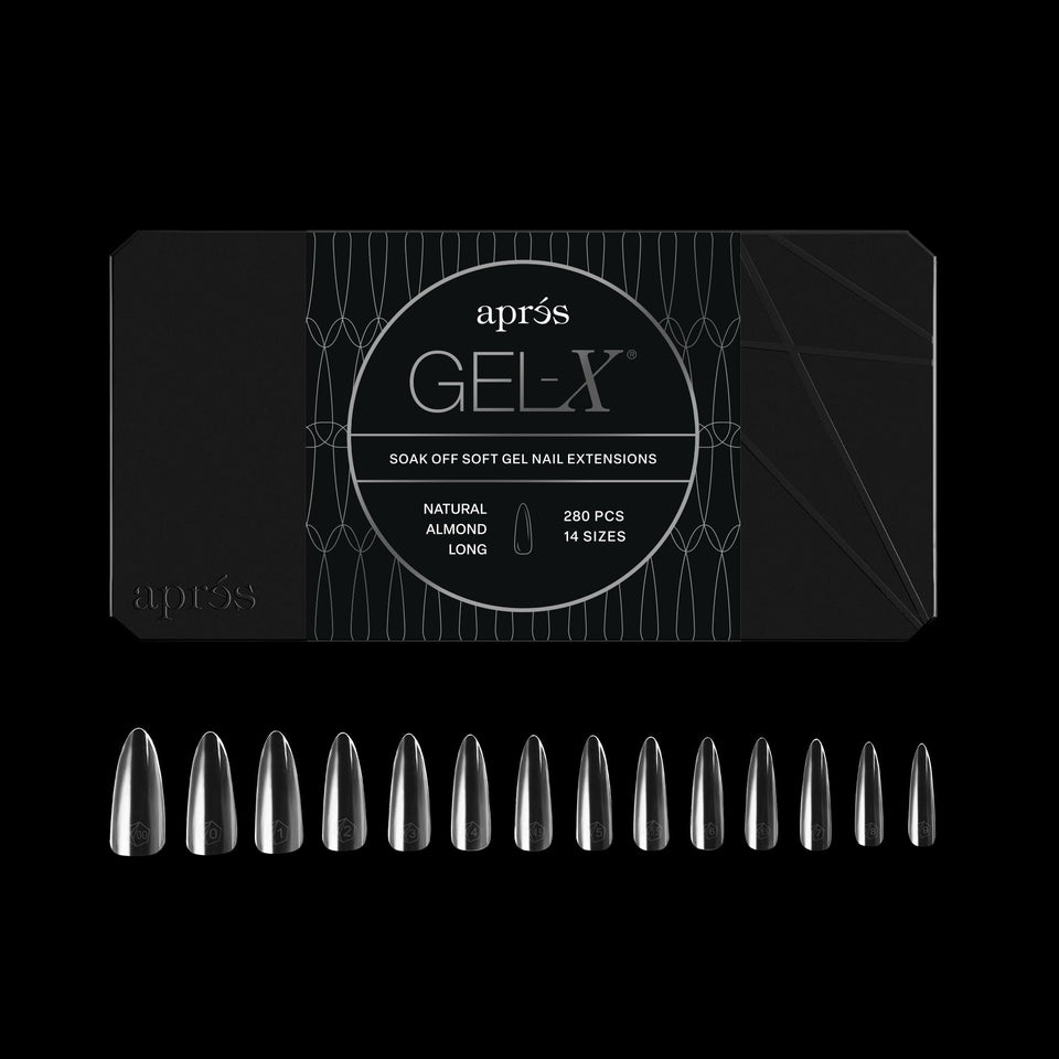 APRÉS front box of Gel-X Almond tips showing quantity and shape benefit