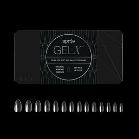 APRÉS front packaging showing 280 Gel-X Almond tips and included sizes, clear organization benefit