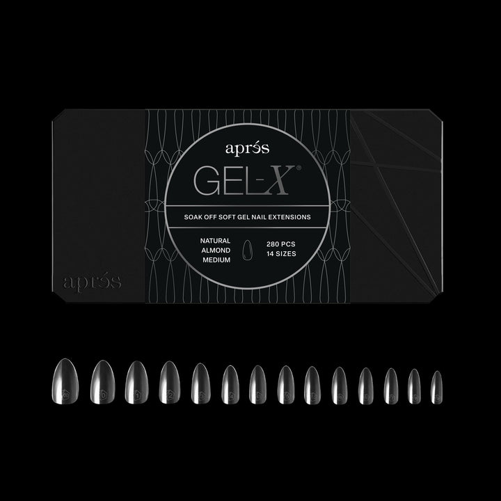 APRÉS front packaging showing 280 Gel-X Almond tips and included sizes, clear organization benefit