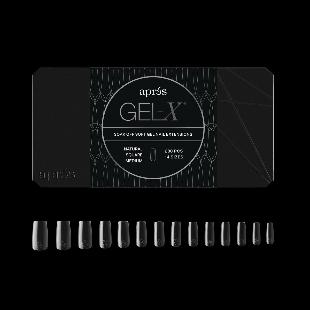APRÉS box front packaging showing 280 Gel-X tips and included sizes for easy stocking