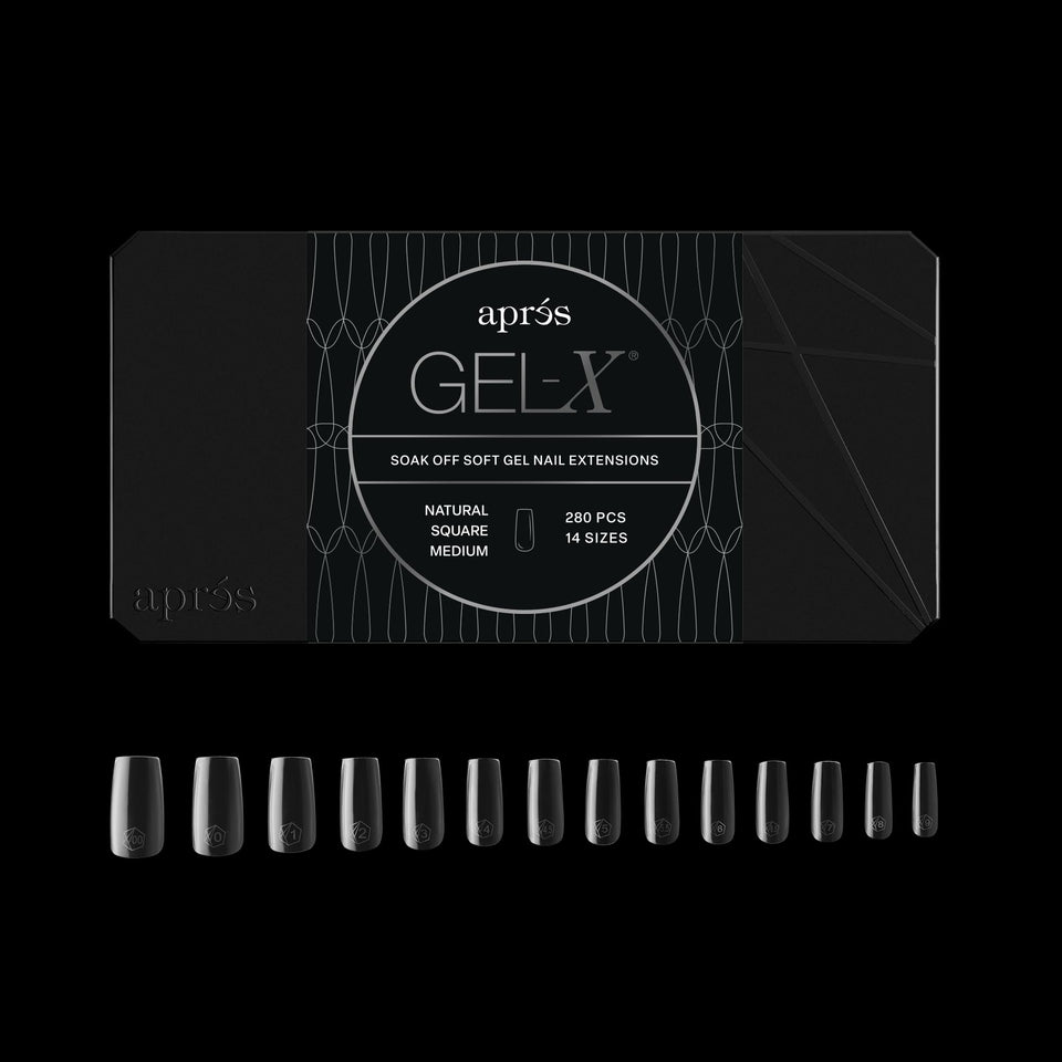 APRÉS box front packaging showing 280 Gel-X tips and included sizes for easy stocking