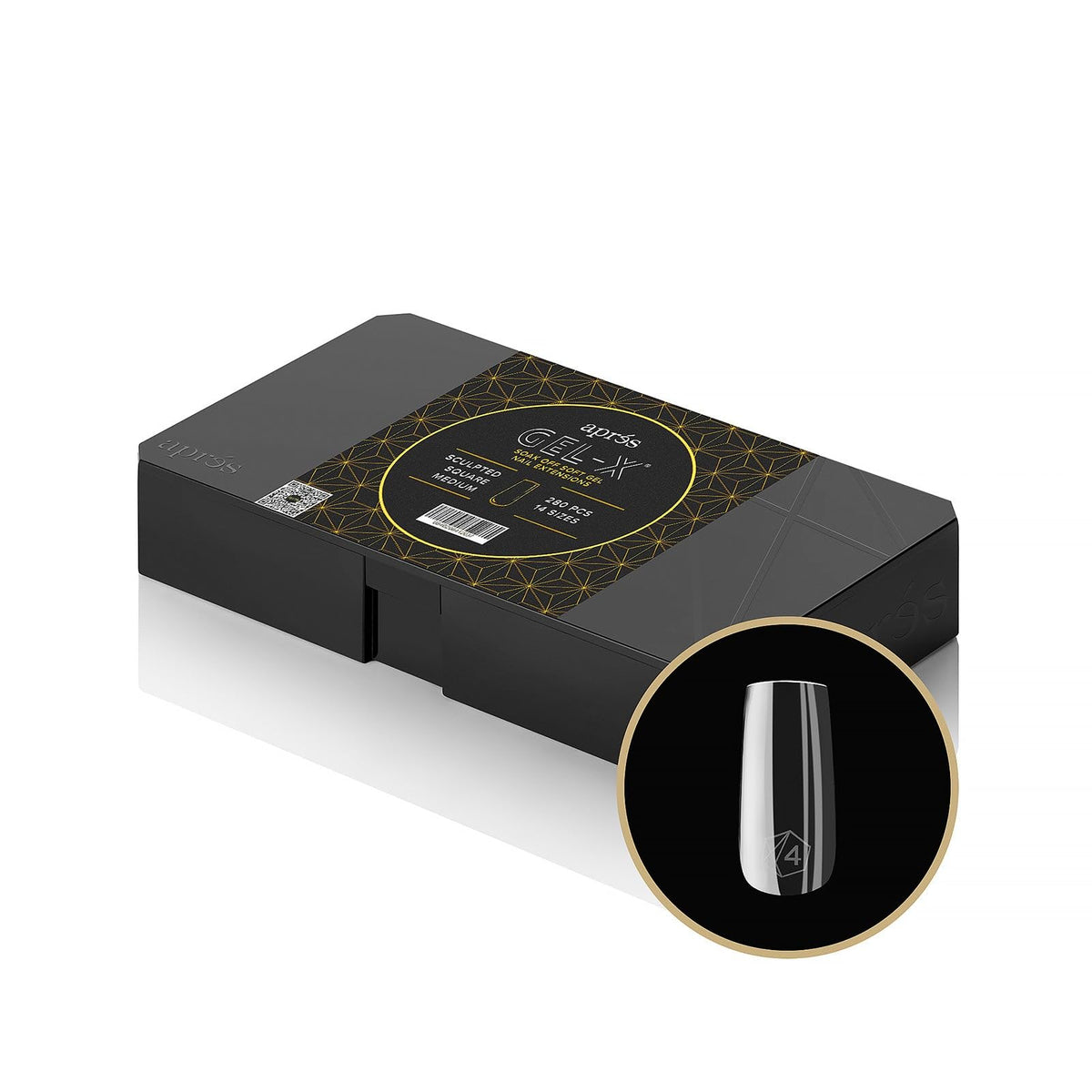 APRÉS Gel-X box front view showing tips and new half sizes for faster fitting