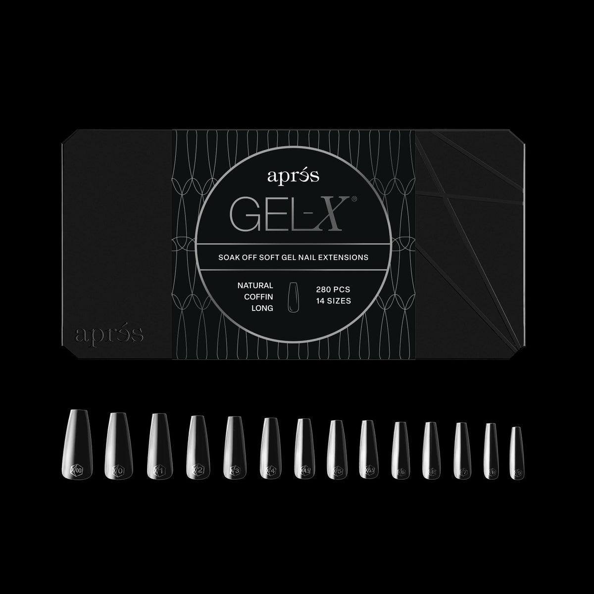 APRÉS front packaging of Gel-X coffin 280-count displaying brand and benefit