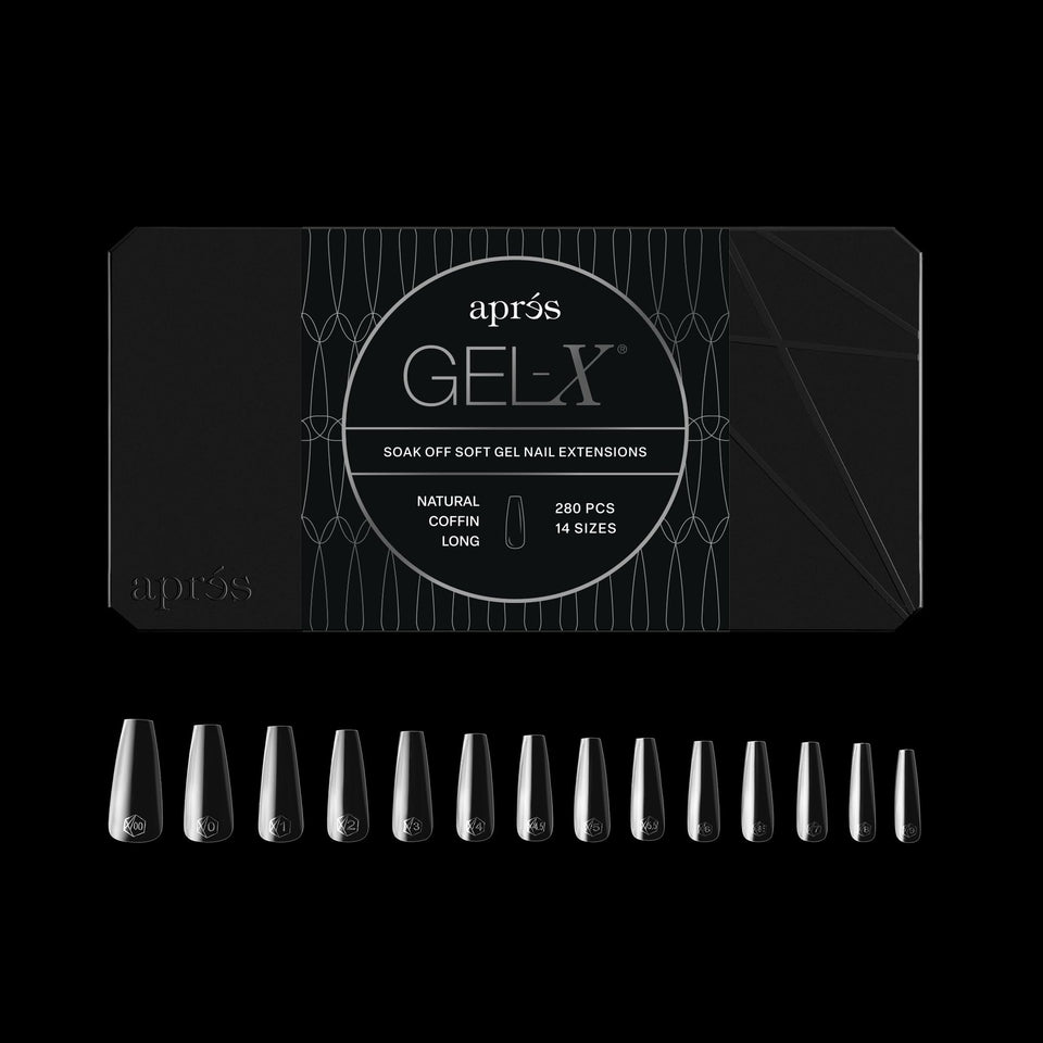 APRÉS front packaging of Gel-X coffin 280-count displaying brand and benefit