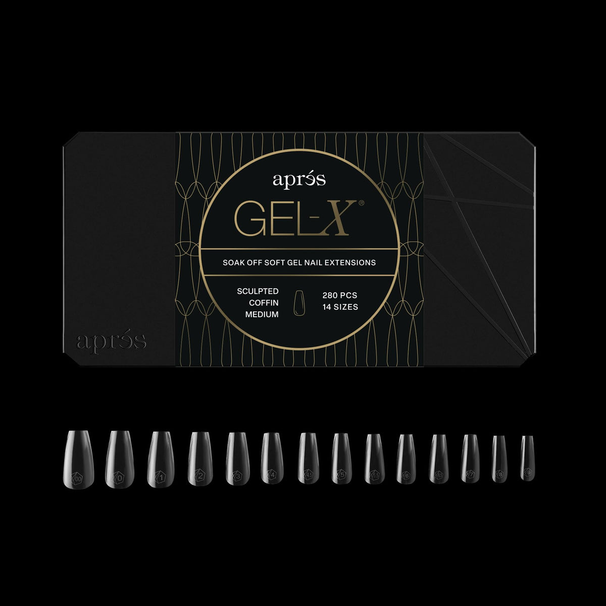 APRÉS front packaging showing 280 Gel-X coffin tips and included half-sizes
