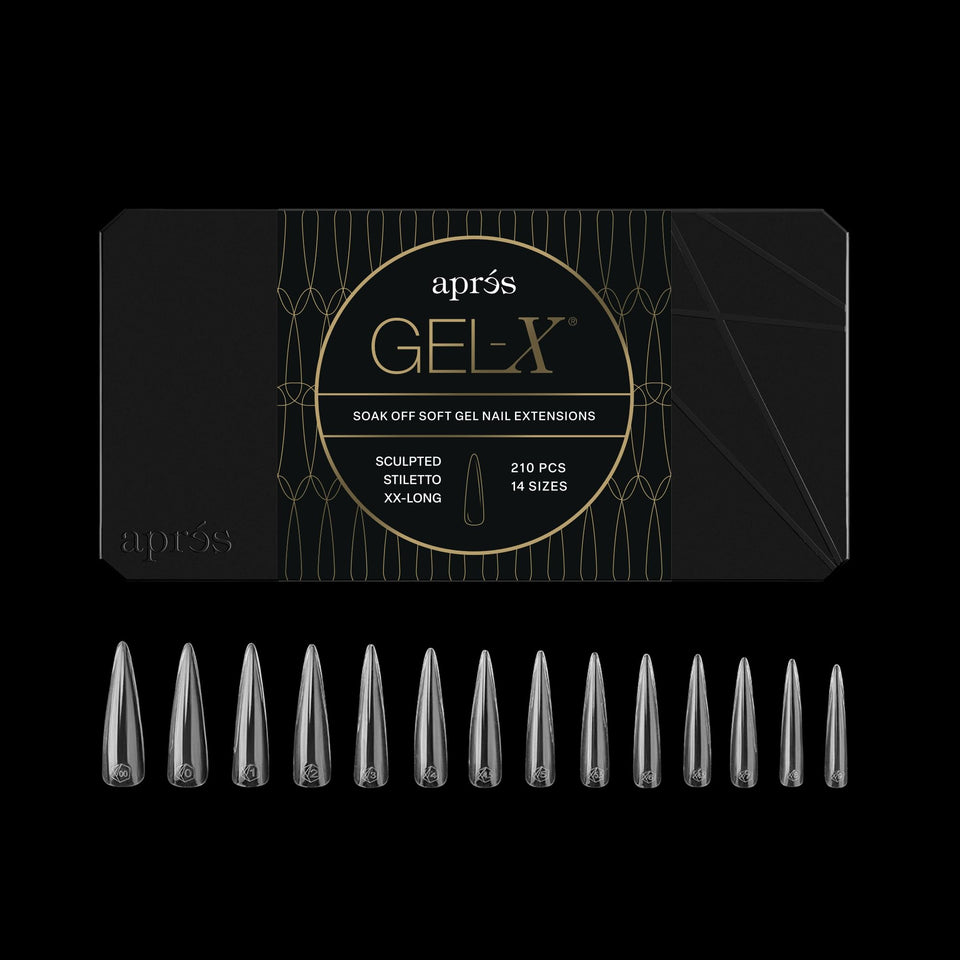 APRÉS front packaging showing 210 Gel-X stiletto tips and count benefit
