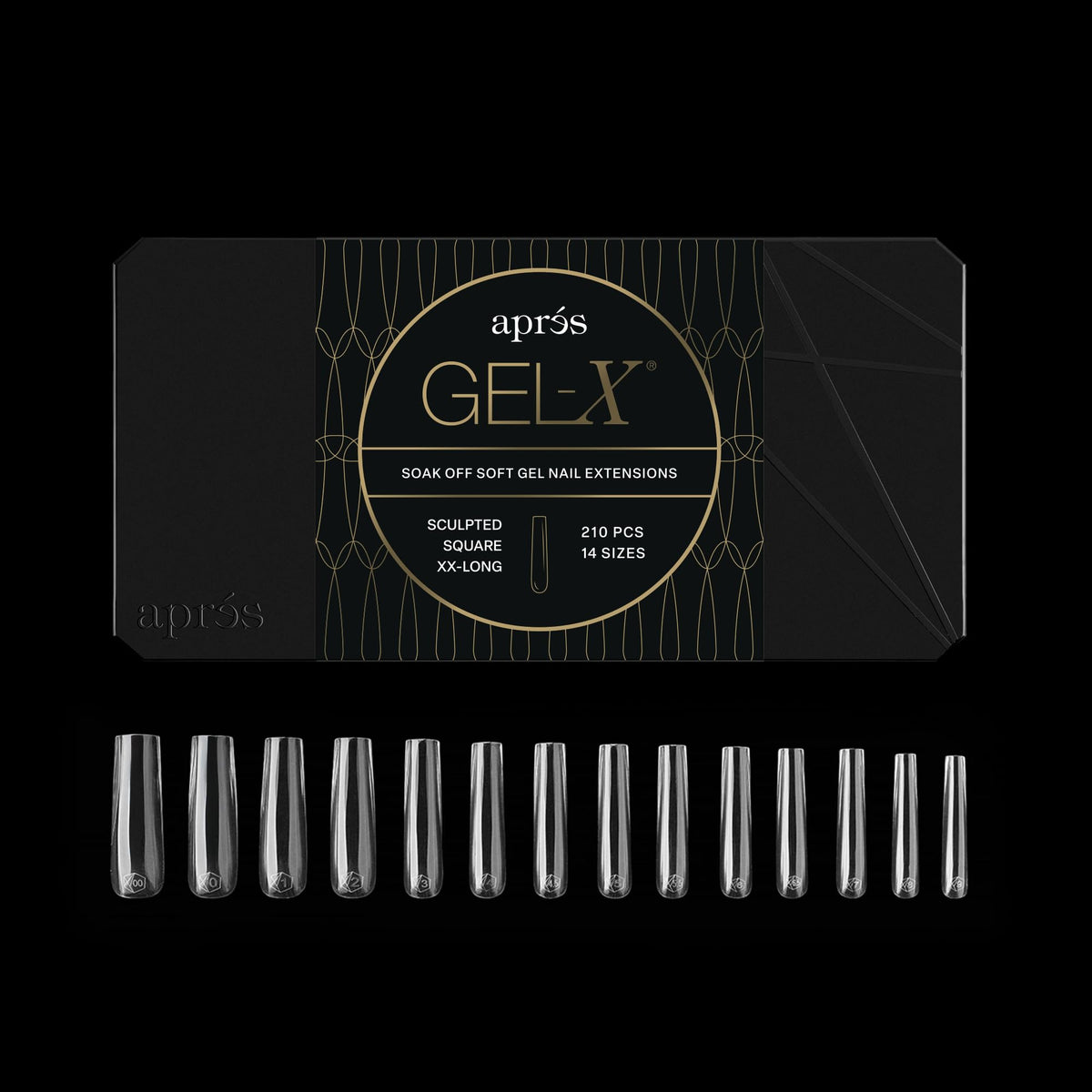 APRÉS Gel‑X front packaging showing 210 sculpted square extra extra long tips for quick selection and professional finish