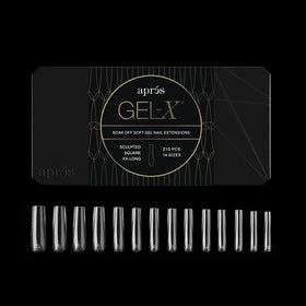 APRÉS Gel‑X front packaging showing 210 sculpted square extra extra long tips for quick selection and professional finish