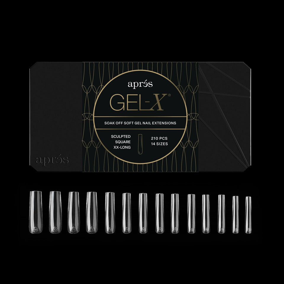 APRÉS Gel‑X front packaging showing 210 sculpted square extra extra long tips for quick selection and professional finish