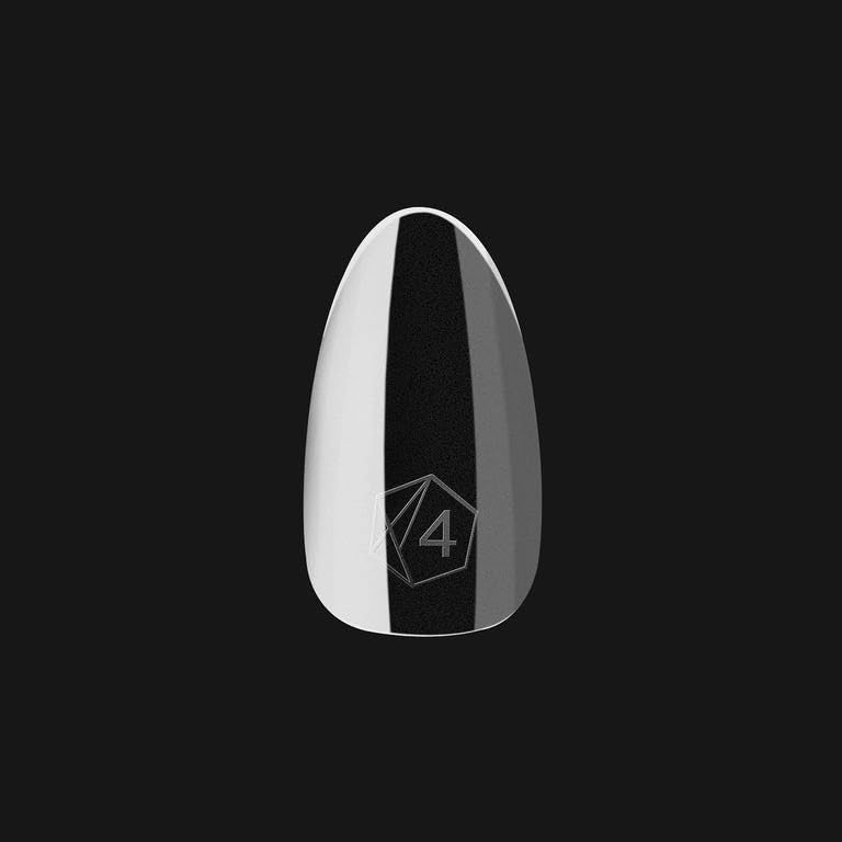 APRÉS scale photo with hand model to show almond tip length and real-size look