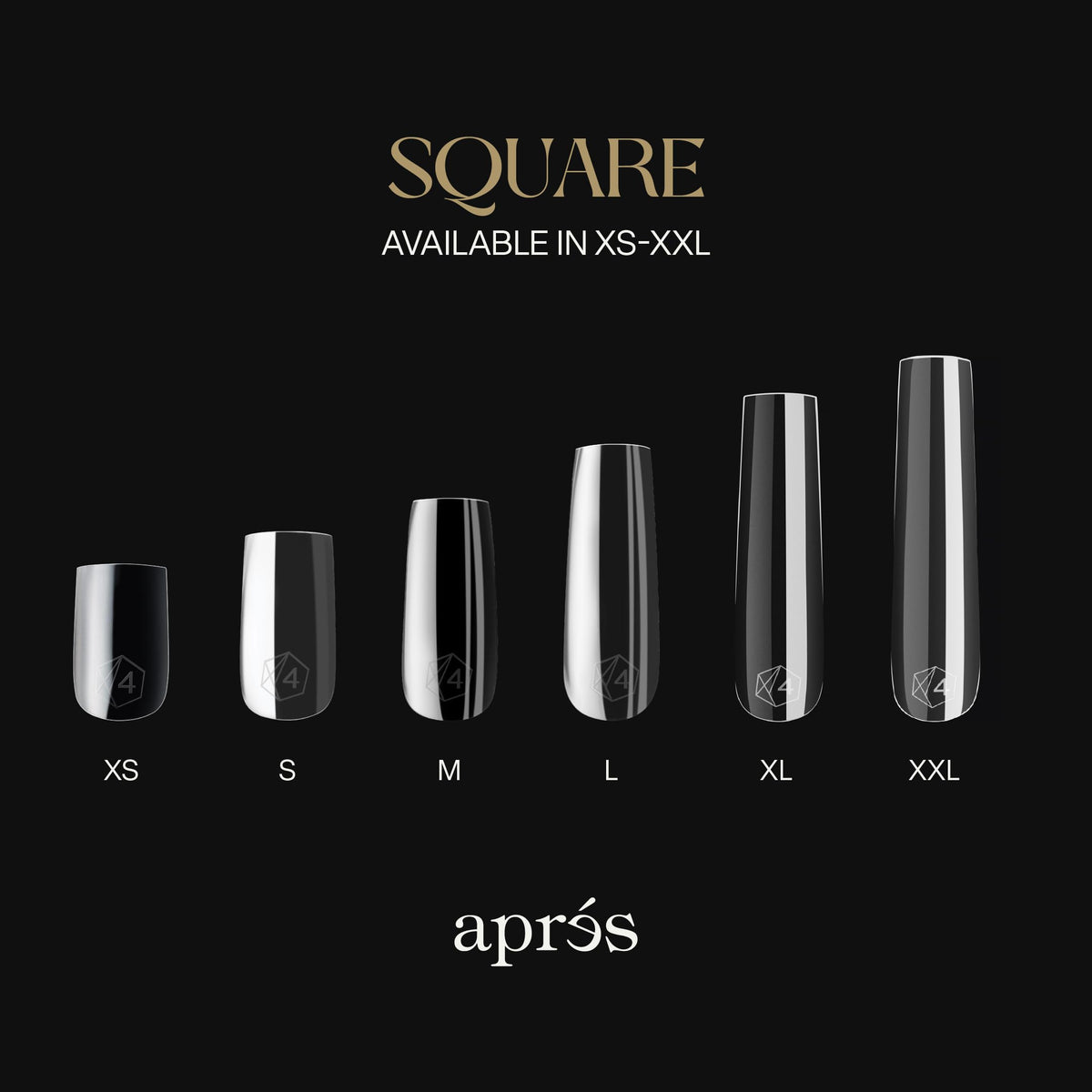 APRÉS size chart and labels revealing 14 sizes plus new half sizes for precise fit