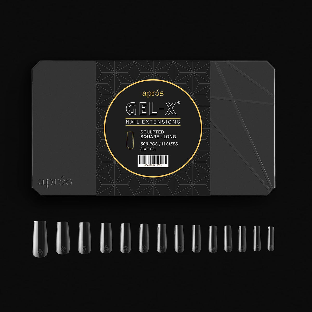 APRÉS spread of Gel-X sizes 00 to 9 highlighting fit variety