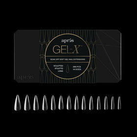 APRÉS front packaging showing 280-count Gel-X stiletto tips and box details for convenience
