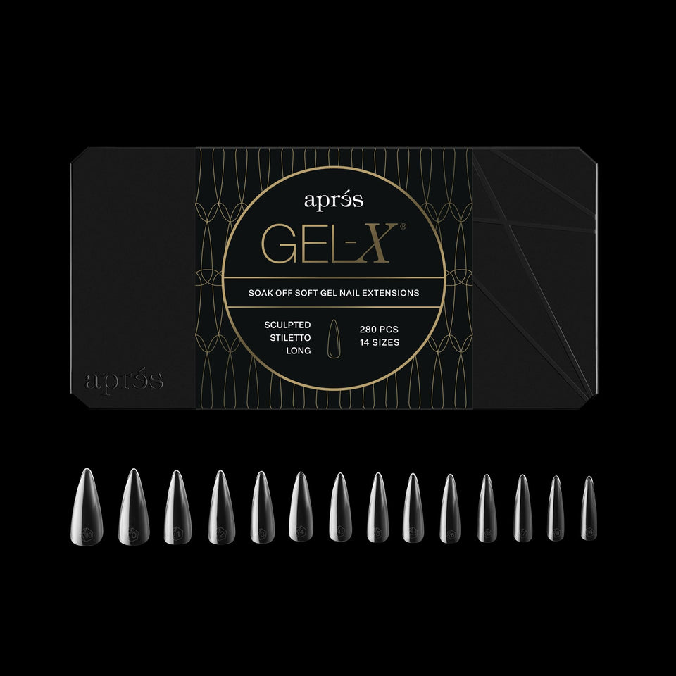 APRÉS front packaging showing 280-count Gel-X stiletto tips and box details for convenience