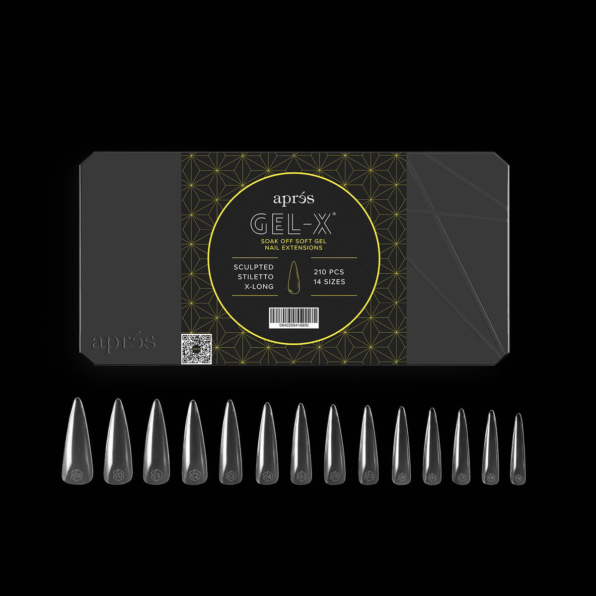 APRÉS front packaging showing 280 Gel-X stiletto tips and brand logo benefits quick selection