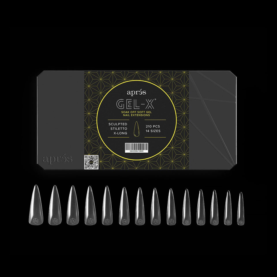 APRÉS front packaging showing 280 Gel-X stiletto tips and brand logo benefits quick selection