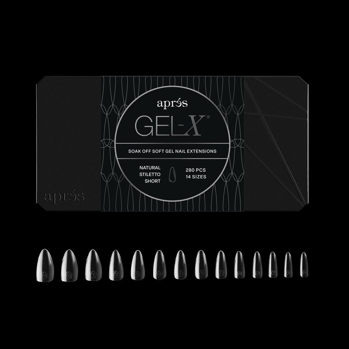 APRÉS front packaging showing 280 Gel-X stiletto tips and kit contents for fast application