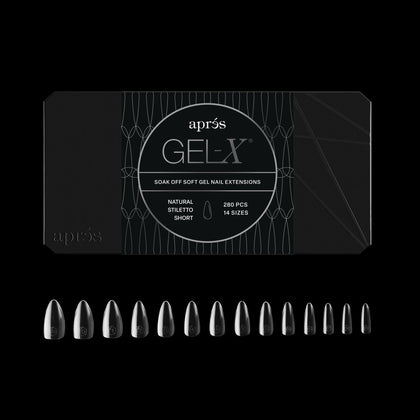 APRÉS front packaging showing 280 Gel-X stiletto tips and kit contents for fast application