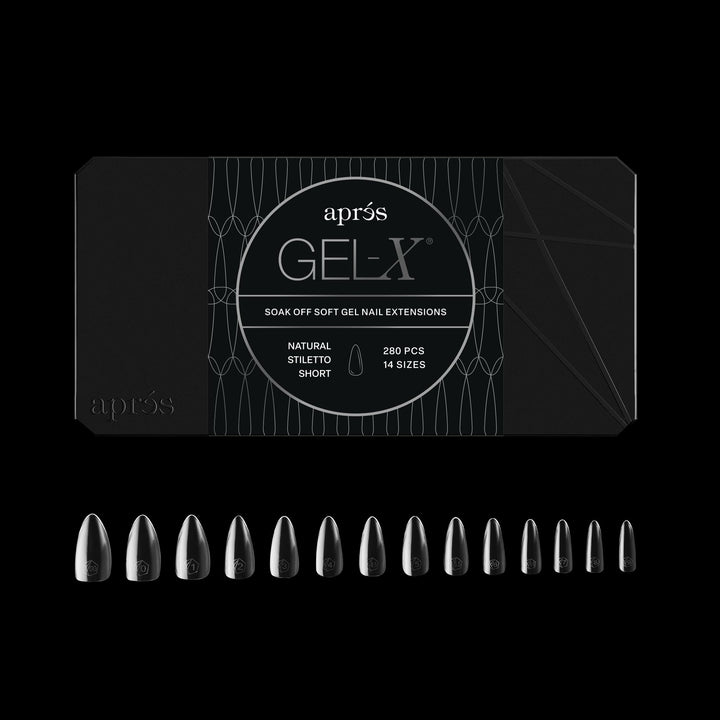 APRÉS front packaging showing 280 Gel-X stiletto tips and kit contents for fast application