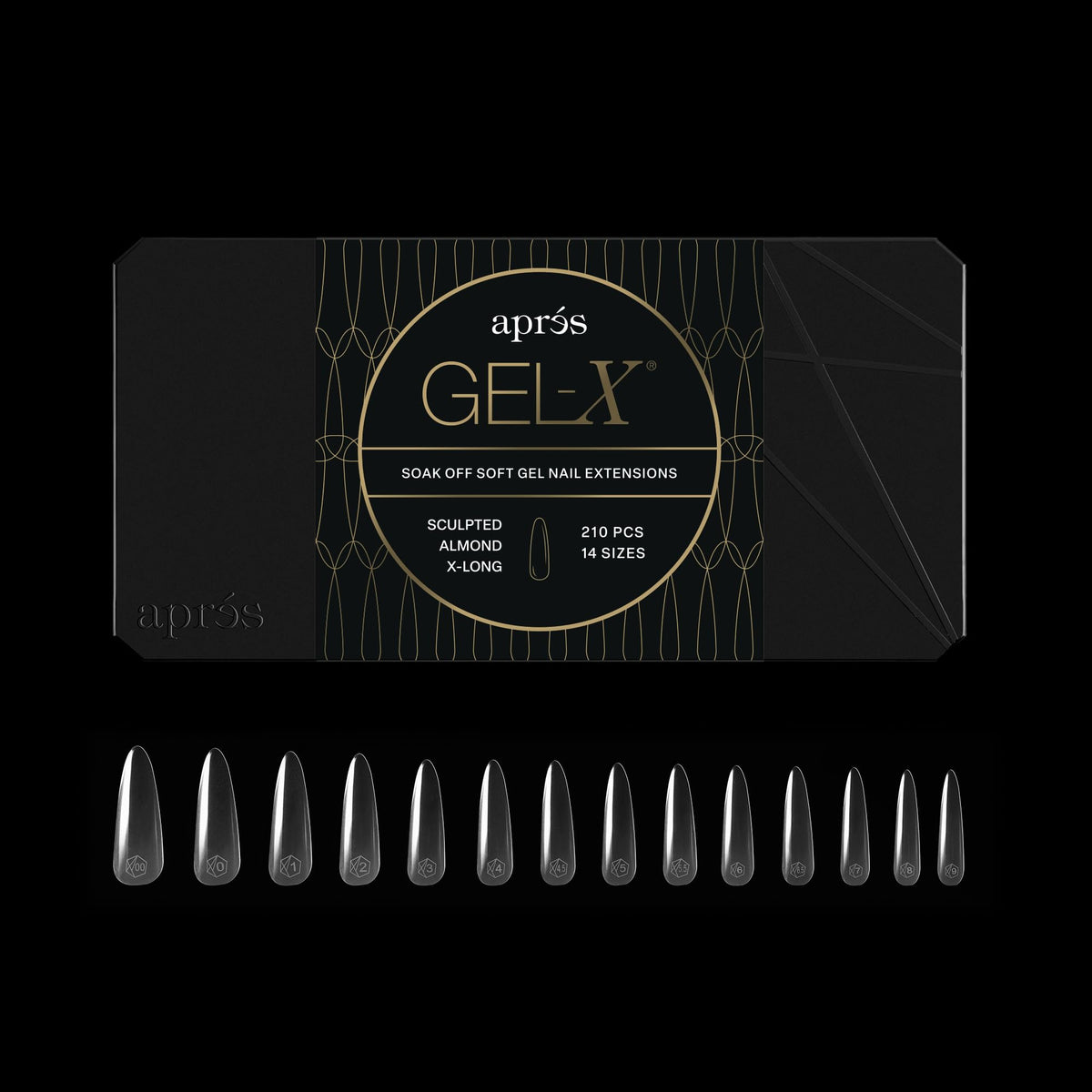 APRÉS box front showing 280 Gel-X almond tips, clear organizer for fast selection