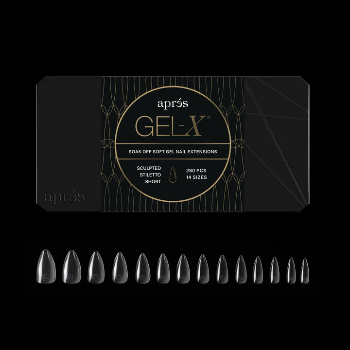APRÉS front packaging showing 280 Gel‑X stiletto tips and quick benefits