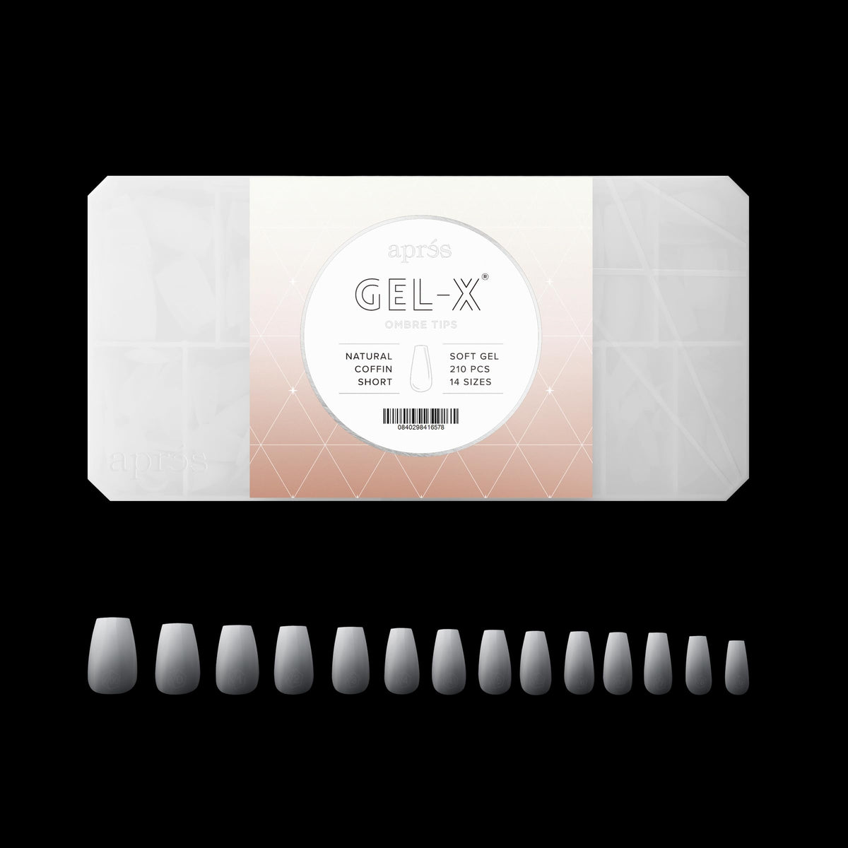 APRÉS size layout insert displaying 14 sizes 00–9 with 15 tips each for perfect fit