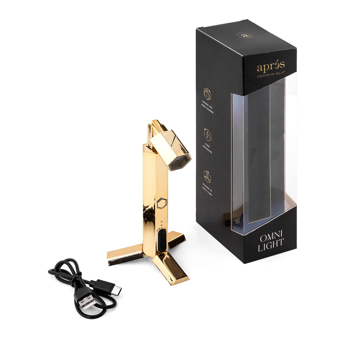 APRÉS Omni Light front view showing compact gold design and quick curing benefit