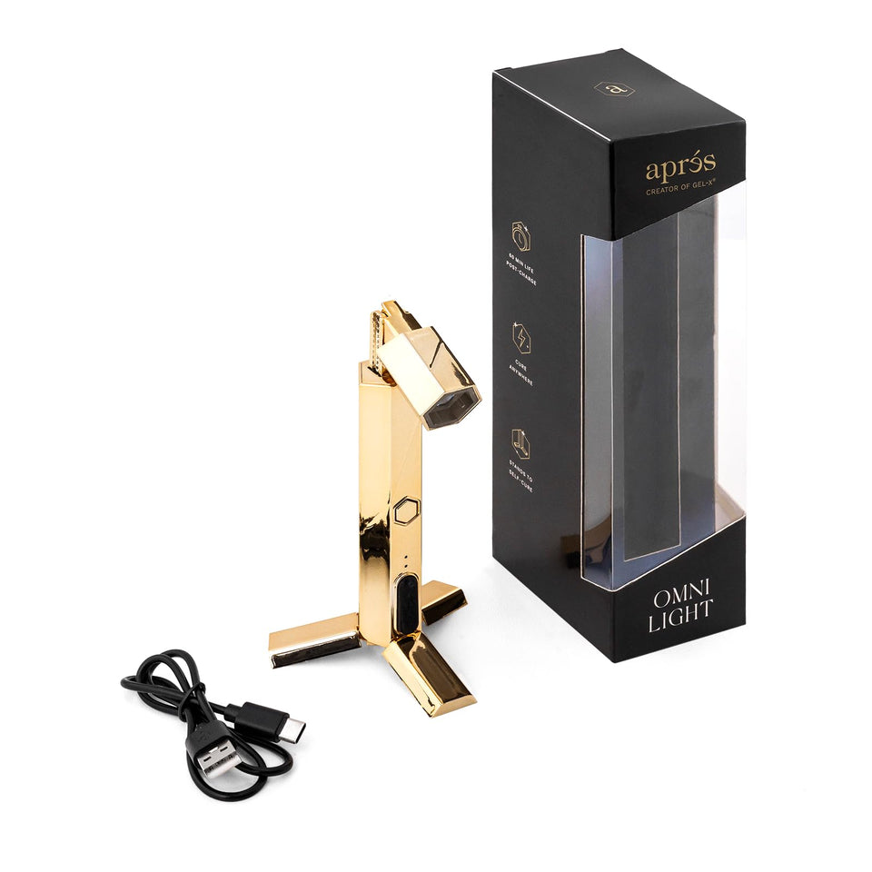 APRÉS Omni Light front view showing compact gold design and quick curing benefit