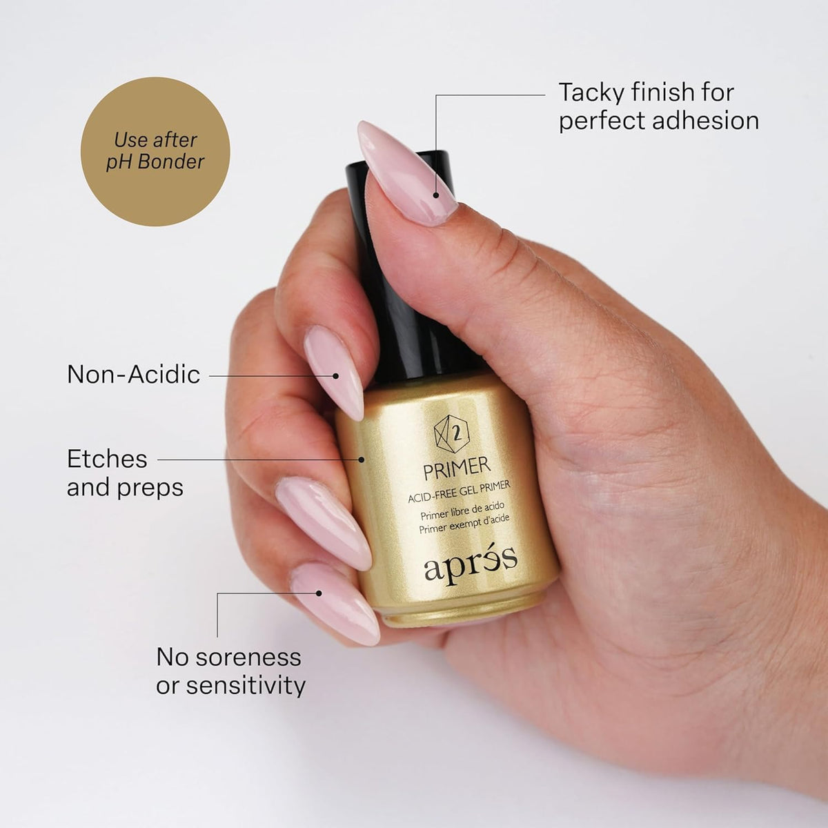 APRÉS pH Bonder being applied to a natural nail for improved adhesion