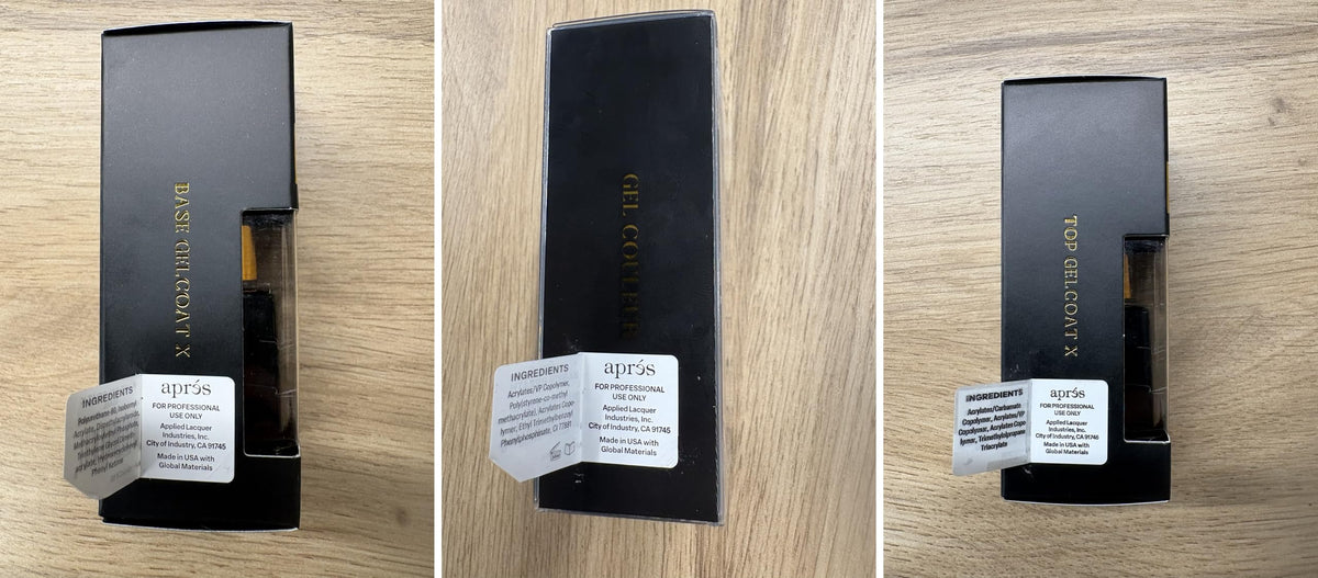 APRÉS three 15ml bottles next to ruler to show compact salon-sized scale