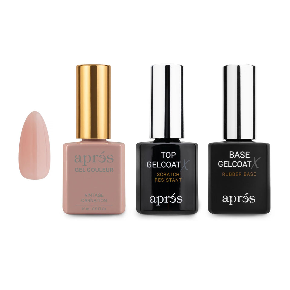 APRÉS front packaging of Vintage Carnation trio set showing complete kit and benefits
