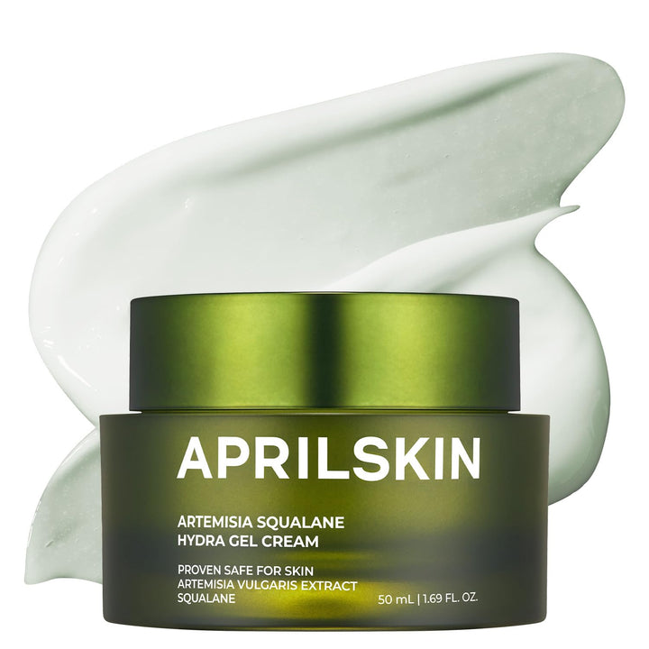 APRILSKIN front packaging of Artemisia Squalane Hydra Gel Cream showing jar and label, clean design benefit