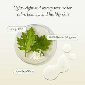 APRILSKIN bottle beside mugwort leaves showing botanical calming benefit