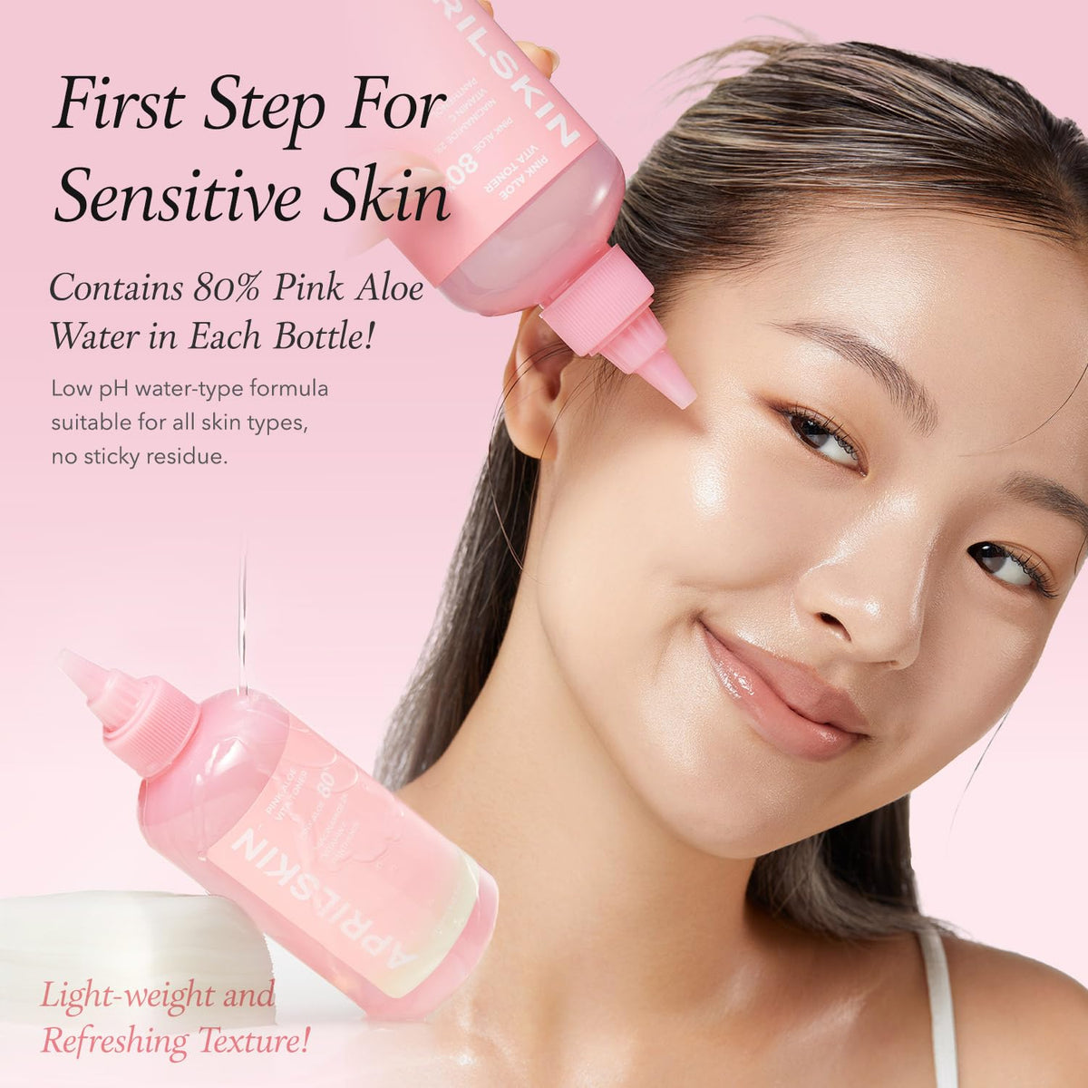 APRILSKIN bottle beside aloe leaves emphasizing 80% pink aloe content