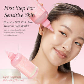 APRILSKIN bottle beside aloe leaves emphasizing 80% pink aloe content