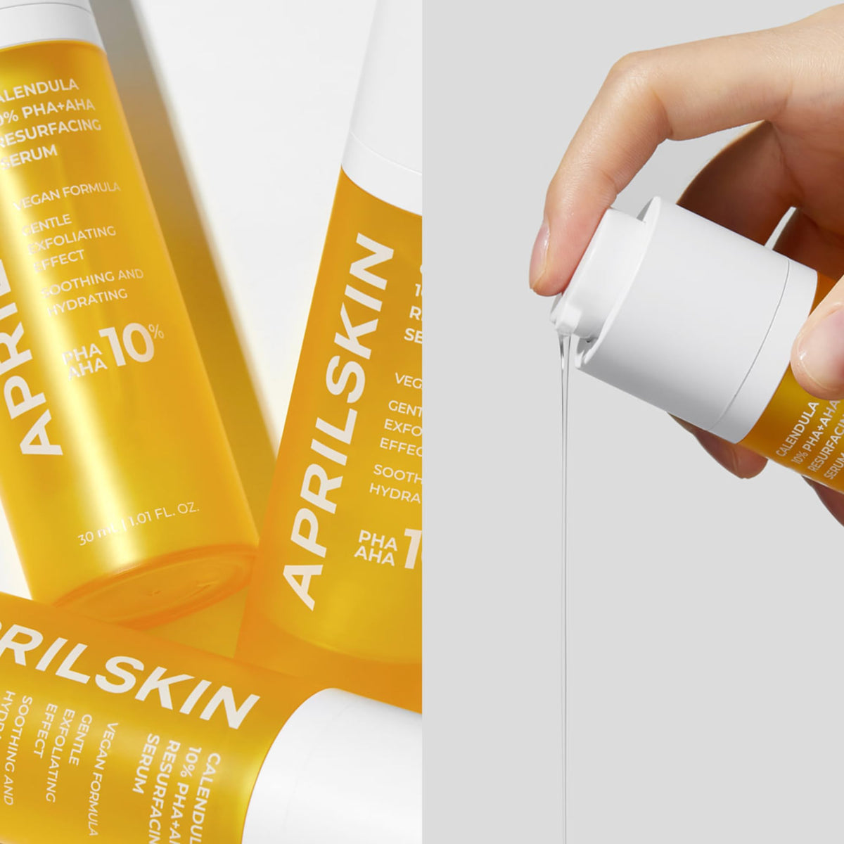 APRILSKIN bottle in hand to show size and easy dispensing benefit