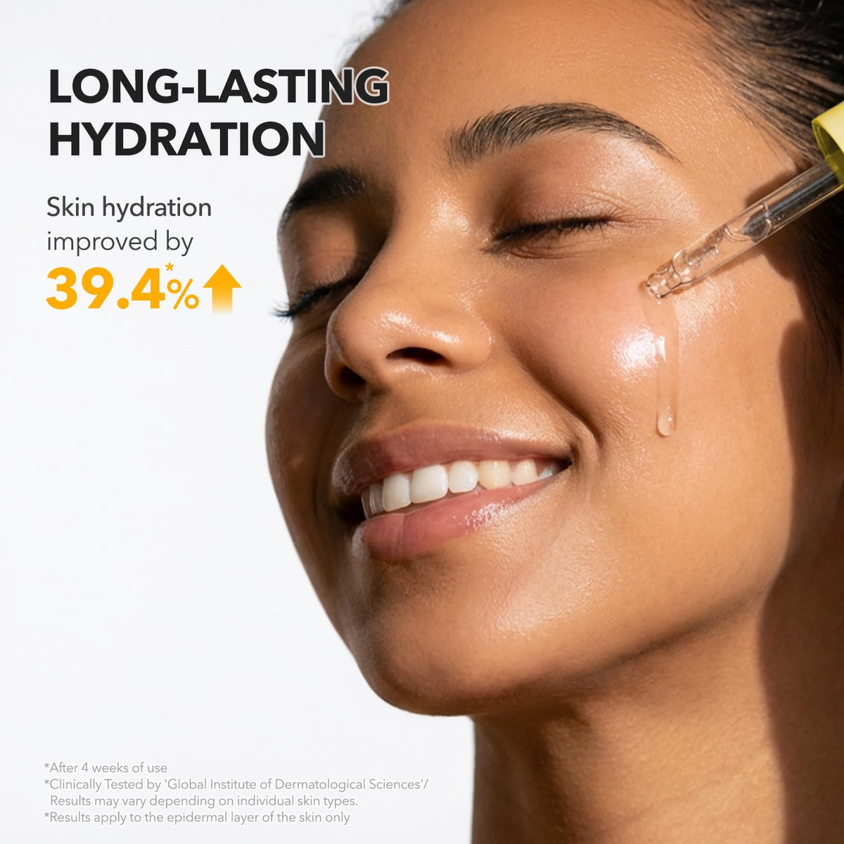 APRILSKIN model applying serum to face showing instant glow and layering benefit