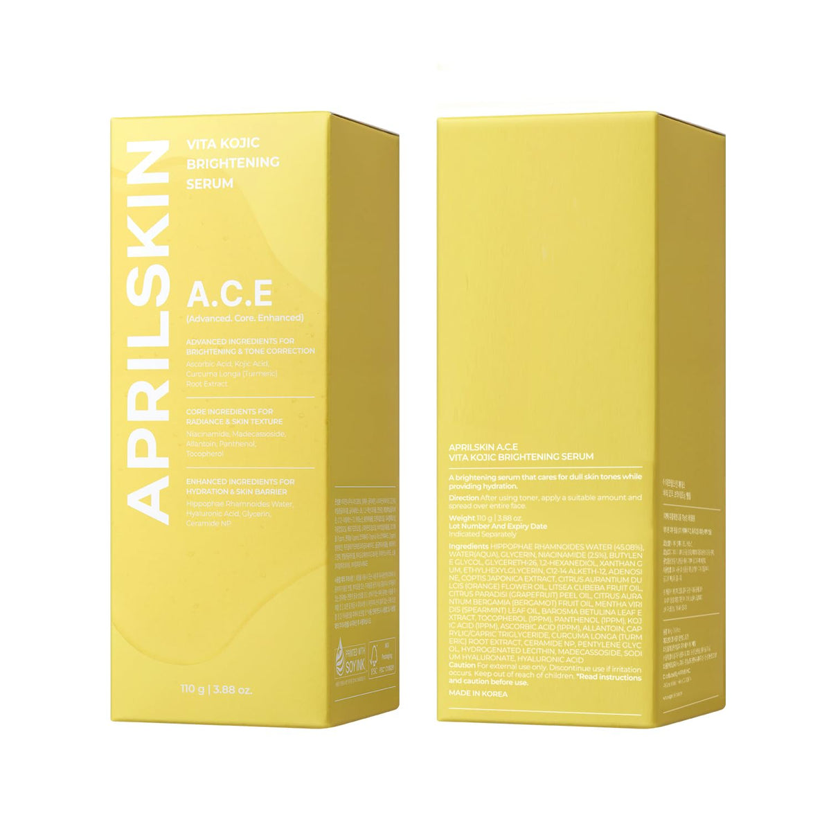 APRILSKIN ingredients flatlay with kojic acid and vitamin C visuals for clarity