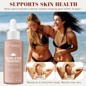 APU.FAIRY bottle in a beach bag scene suggesting portable, sunless bronze benefit