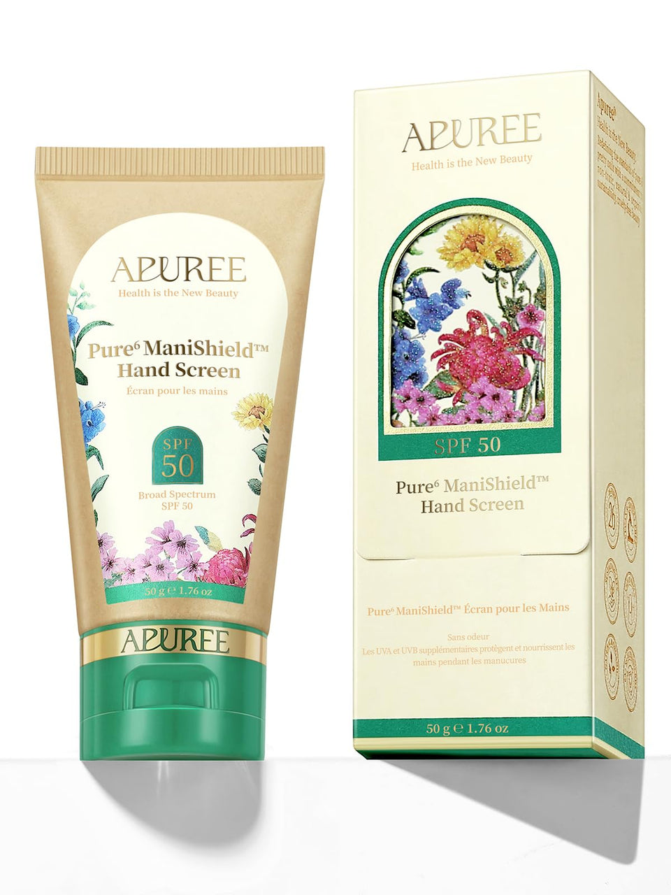 APUREE handscreen front packaging showing SPF 50+ protection benefit